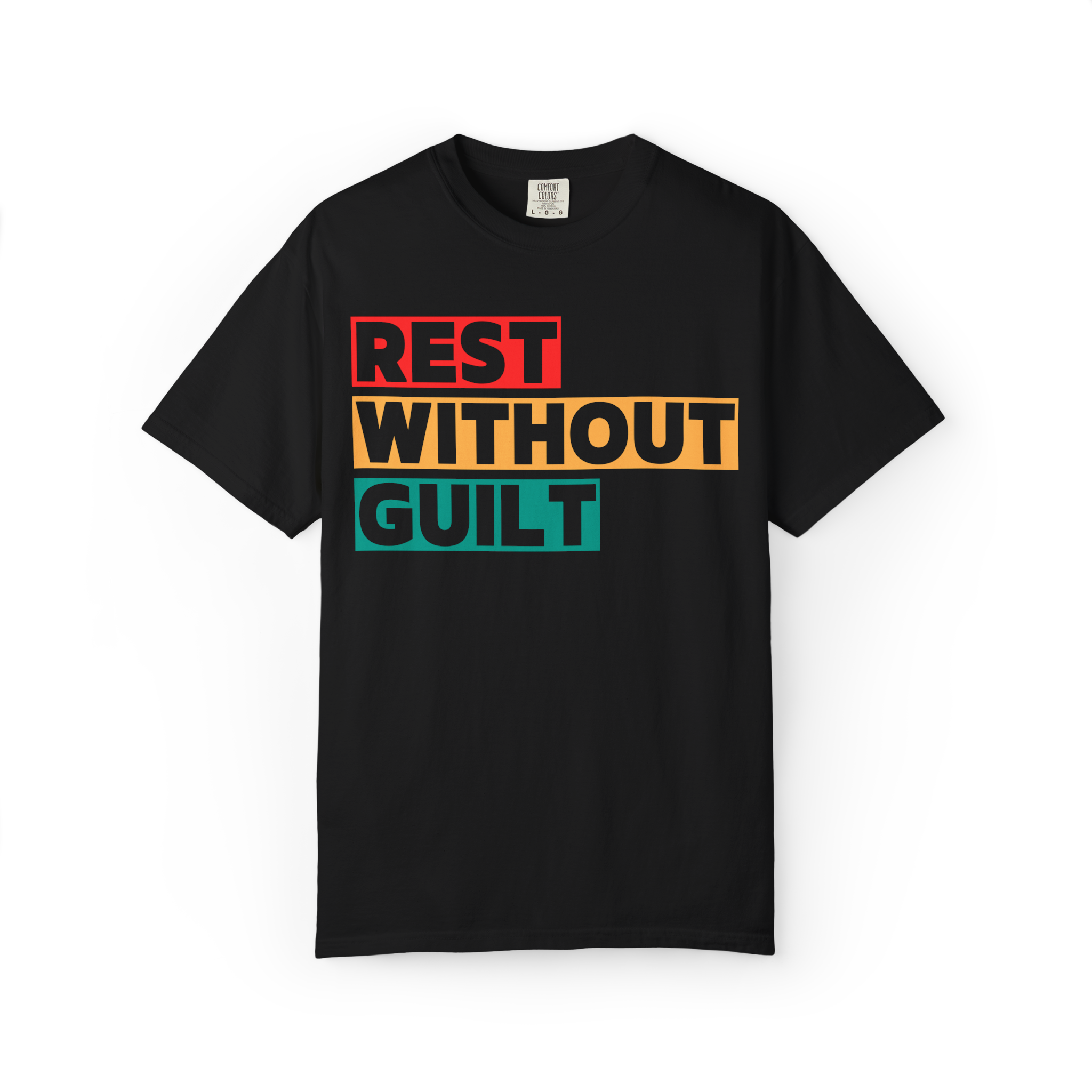 Rest Without Guilt T-Shirt – Retro Block Letter Self-Care Graphic Tee, Garment-Dyed Relaxed Fit Unisex Shirt