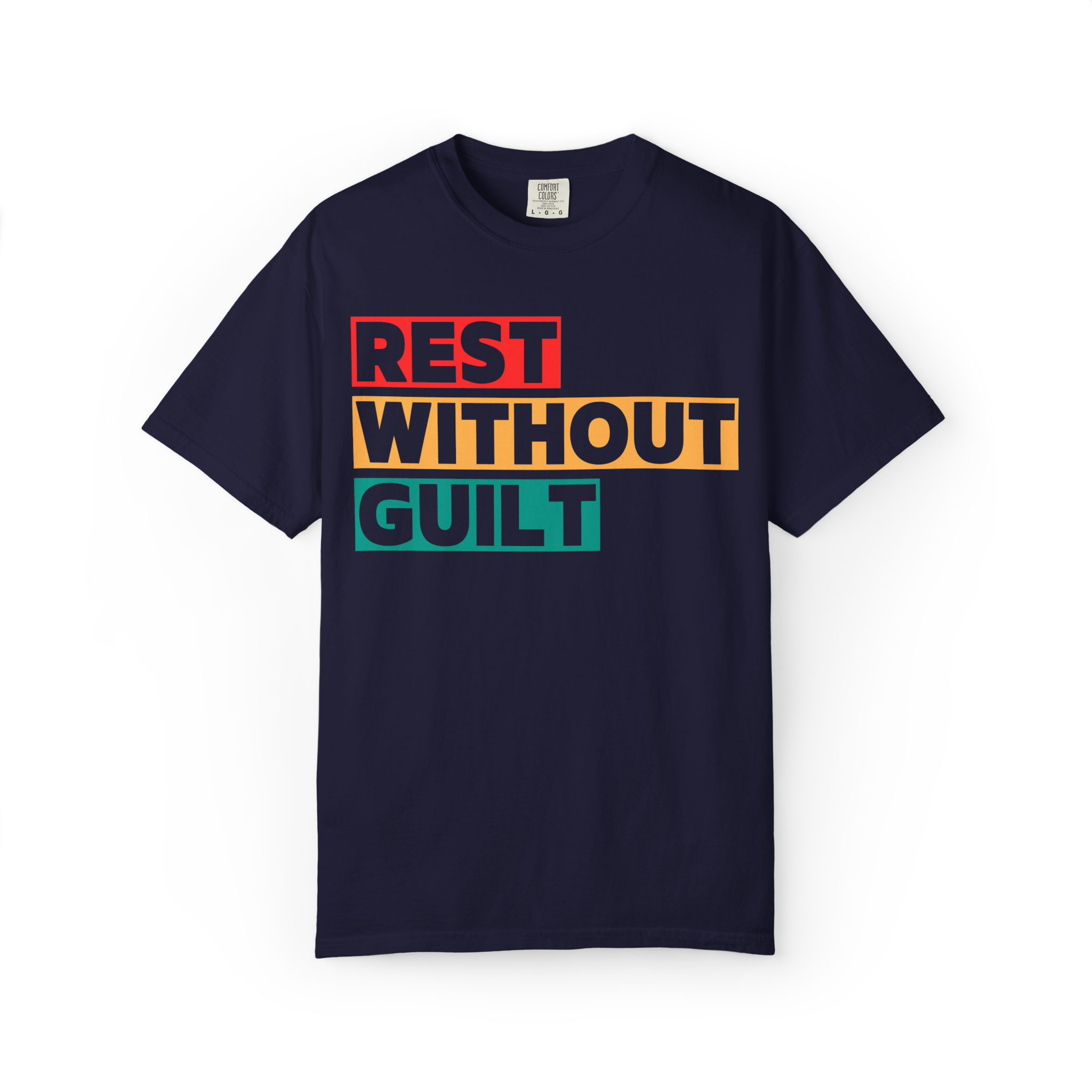 Rest Without Guilt T-Shirt – Retro Block Letter Self-Care Graphic Tee, Garment-Dyed Relaxed Fit Unisex Shirt