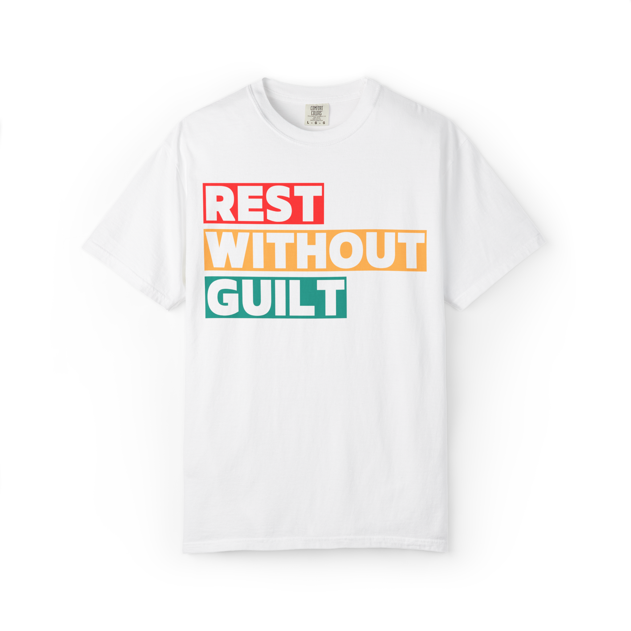 Rest Without Guilt T-Shirt – Retro Block Letter Self-Care Graphic Tee, Garment-Dyed Relaxed Fit Unisex Shirt