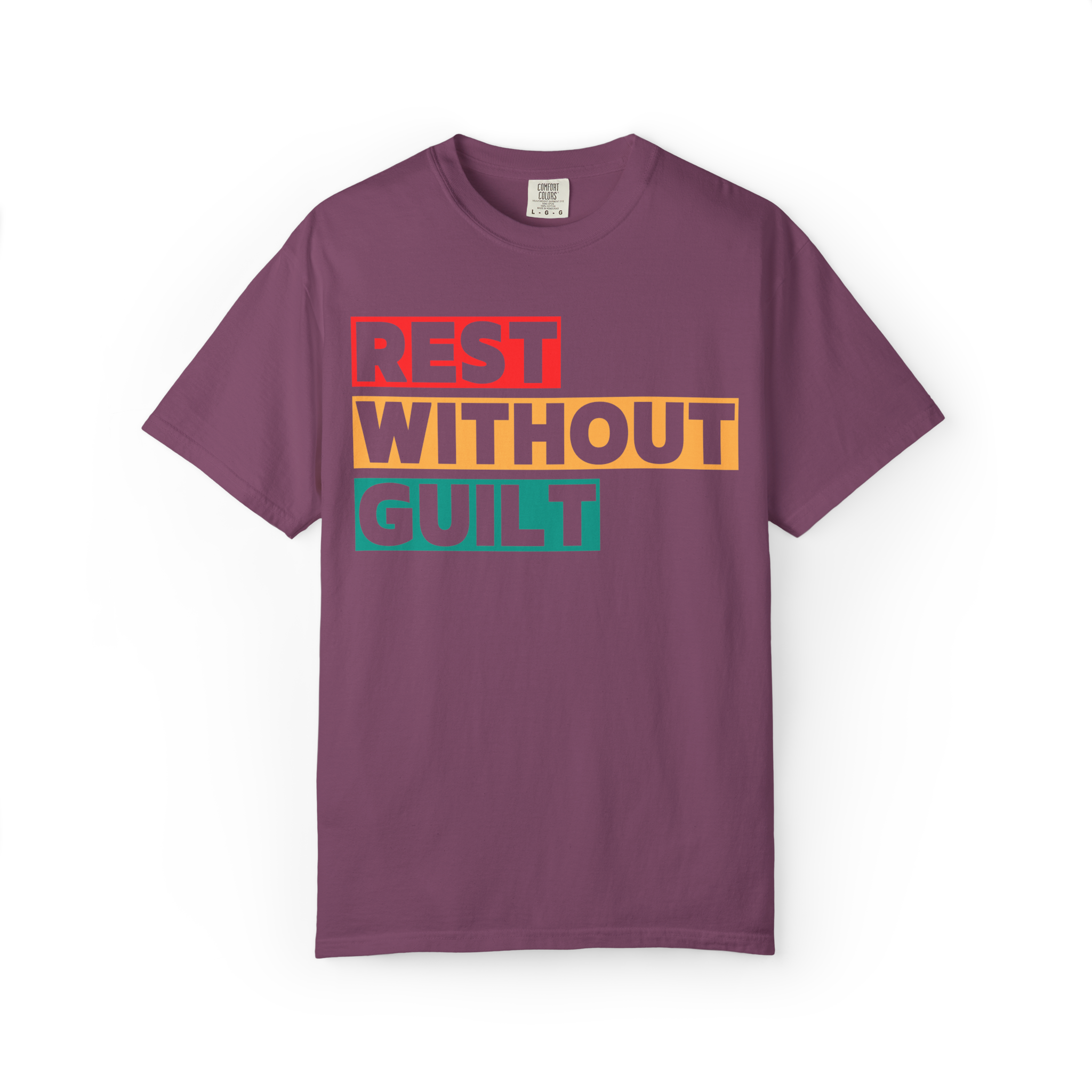 Rest Without Guilt T-Shirt – Retro Block Letter Self-Care Graphic Tee, Garment-Dyed Relaxed Fit Unisex Shirt