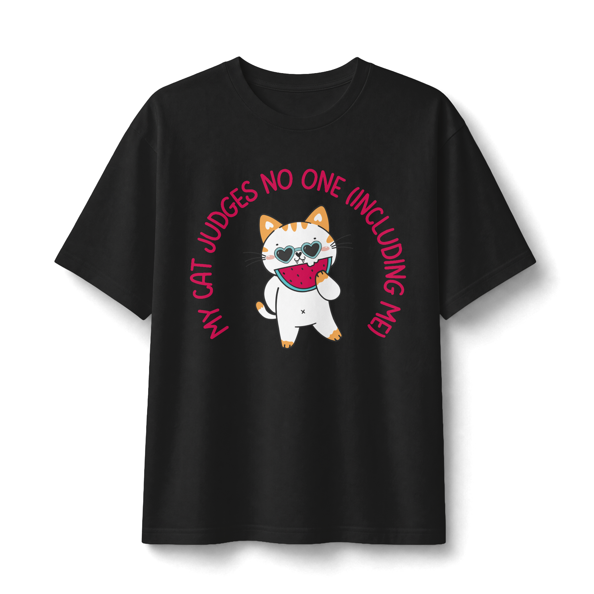 Cat Doesn’t Judge T‑Shirt — Cute Cat Holding Heart Graphic Tee (“My Cat Judges No One Including Me”)