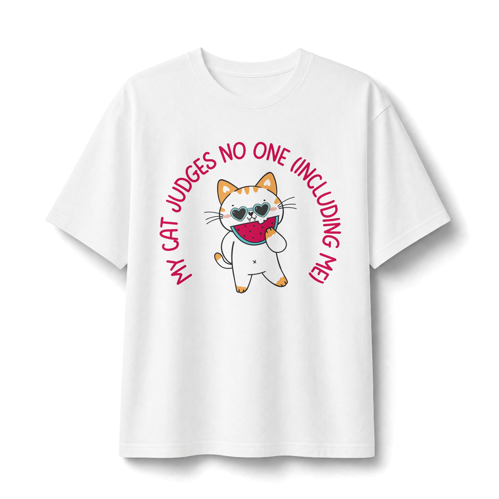 Cat Doesn’t Judge T‑Shirt — Cute Cat Holding Heart Graphic Tee (“My Cat Judges No One Including Me”)