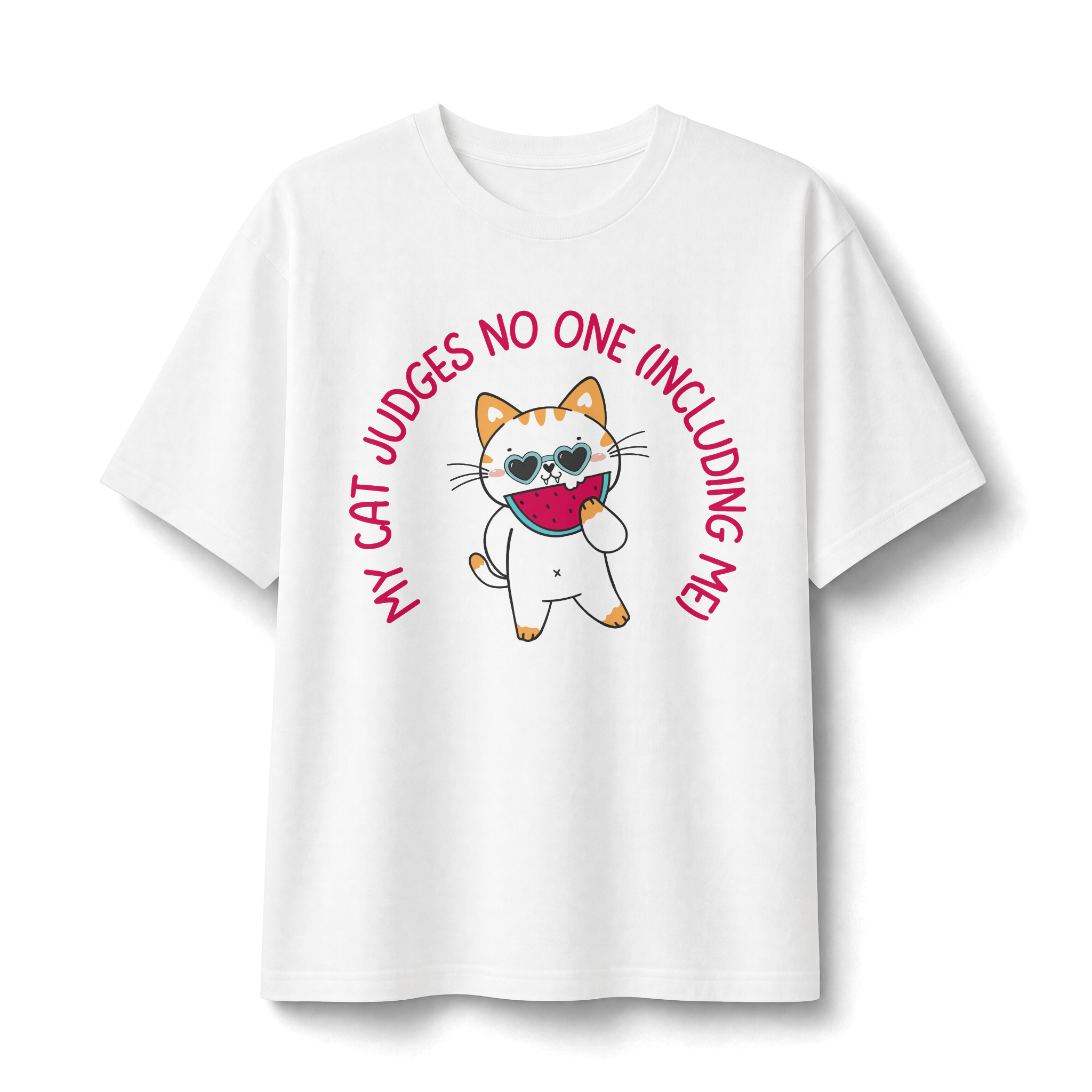 Cat Doesn’t Judge T‑Shirt — Cute Cat Holding Heart Graphic Tee (“My Cat Judges No One Including Me”)