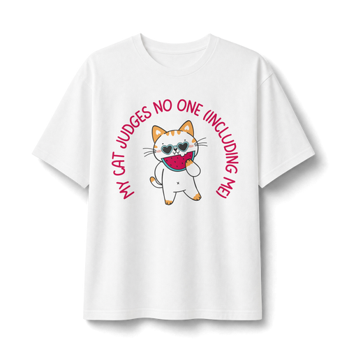 Cat Doesn’t Judge T‑Shirt — Cute Cat Holding Heart Graphic Tee (“My Cat Judges No One Including Me”)
