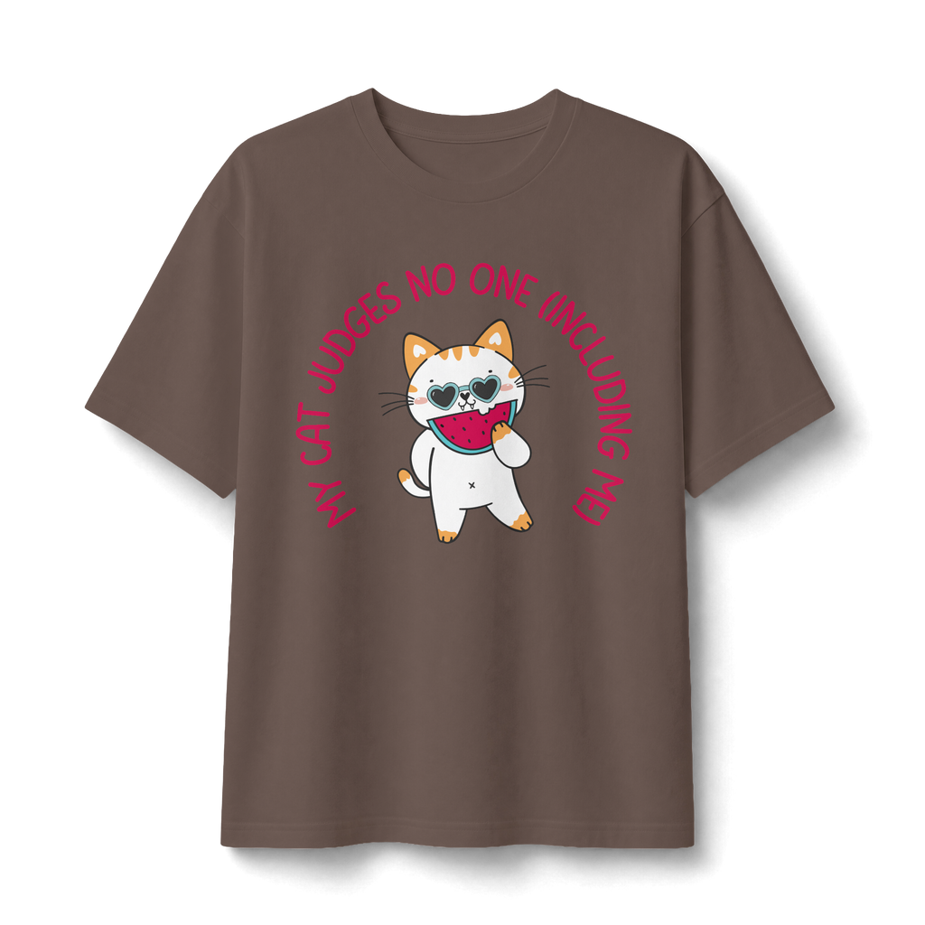 Cat Doesn’t Judge T‑Shirt — Cute Cat Holding Heart Graphic Tee (“My Cat Judges No One Including Me”)