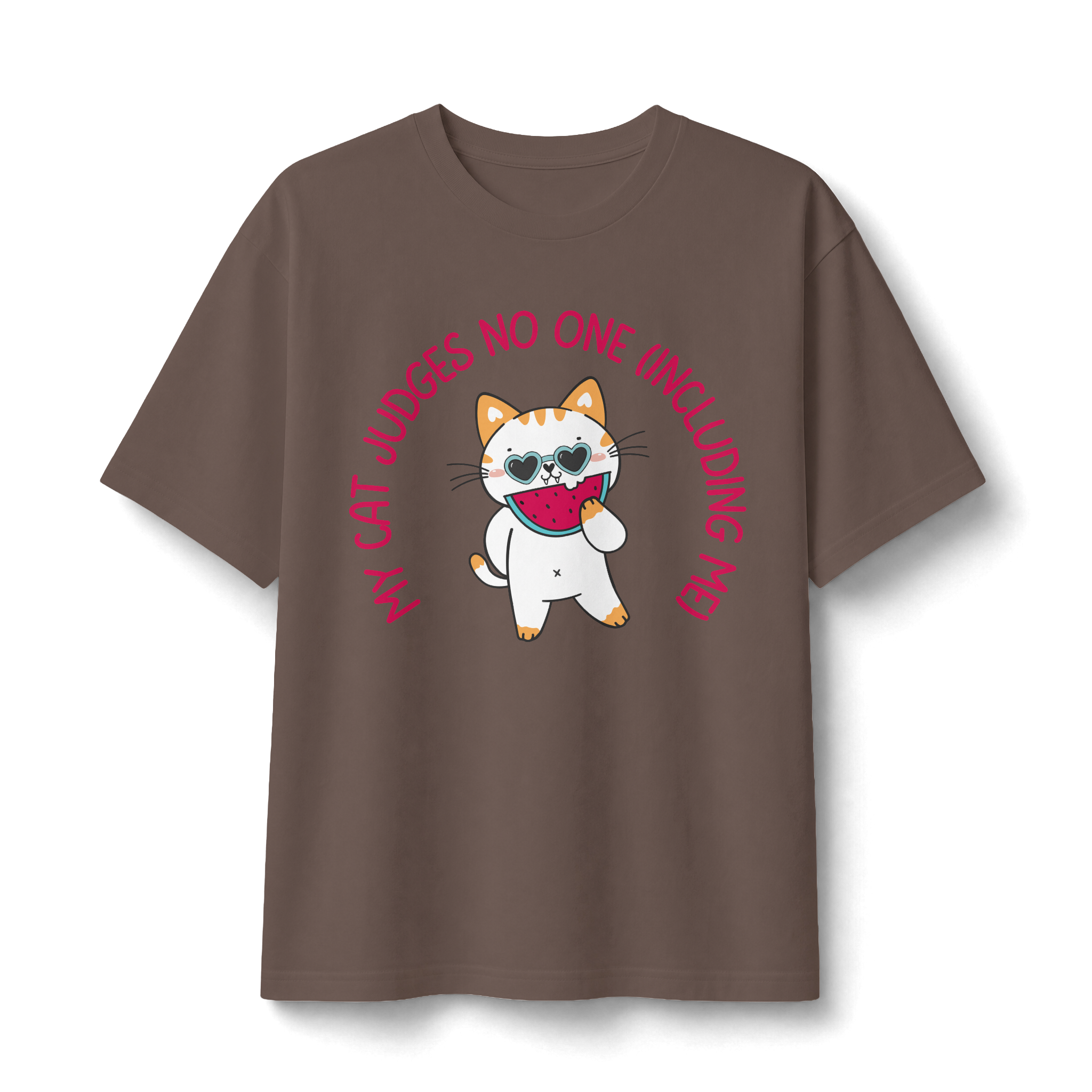 Cat Doesn’t Judge T‑Shirt — Cute Cat Holding Heart Graphic Tee (“My Cat Judges No One Including Me”)