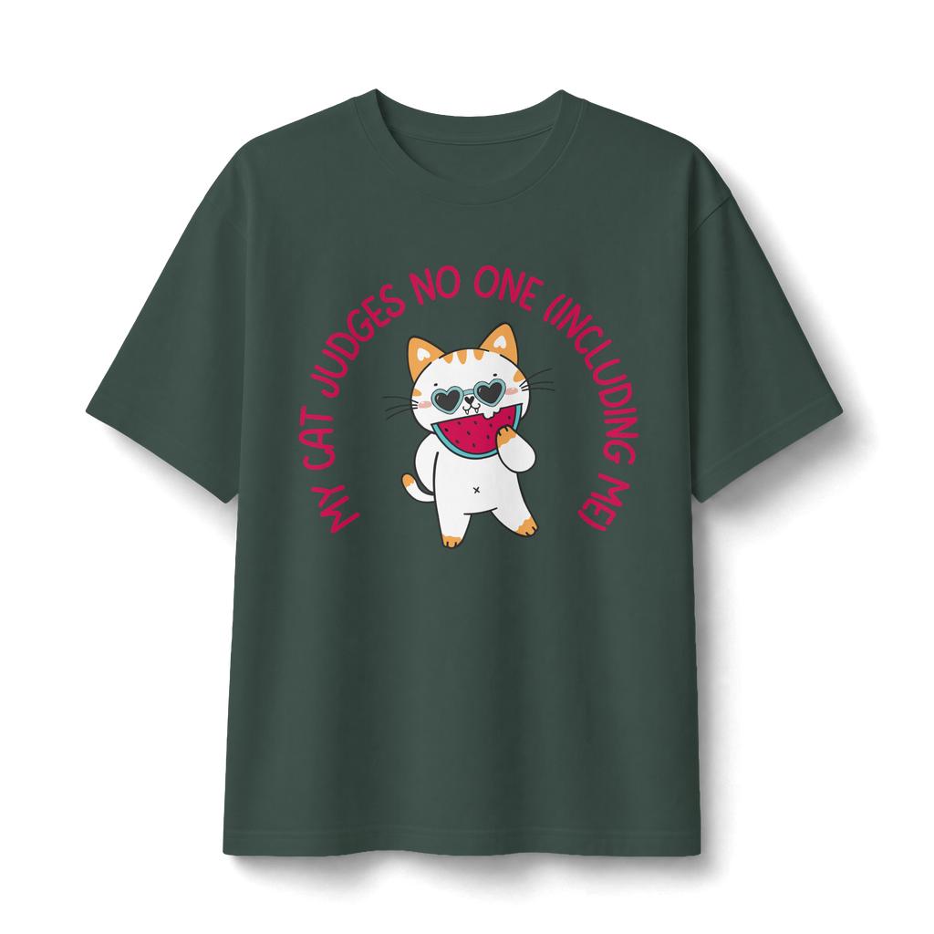 Cat Doesn’t Judge T‑Shirt — Cute Cat Holding Heart Graphic Tee (“My Cat Judges No One Including Me”)