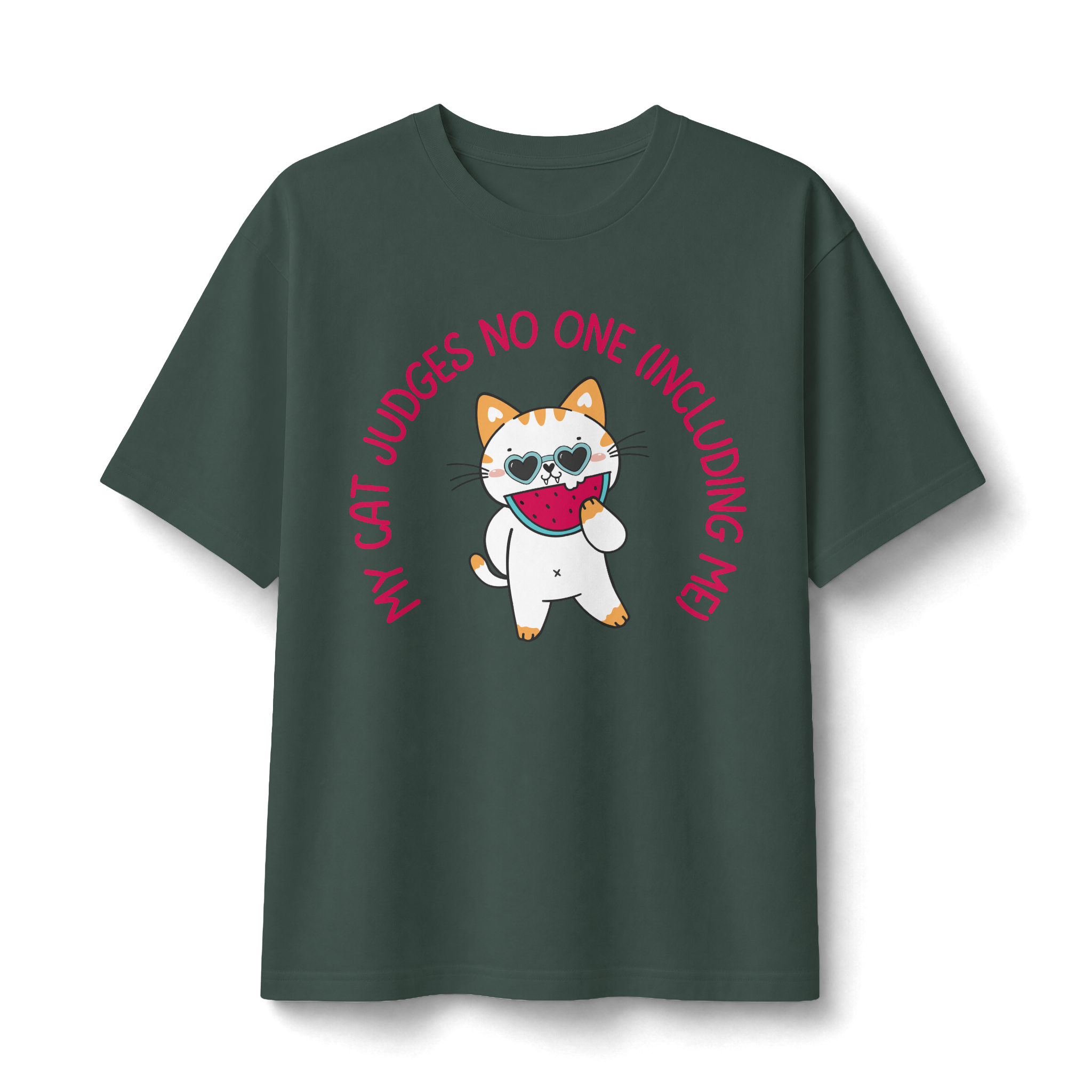 Cat Doesn’t Judge T‑Shirt — Cute Cat Holding Heart Graphic Tee (“My Cat Judges No One Including Me”)