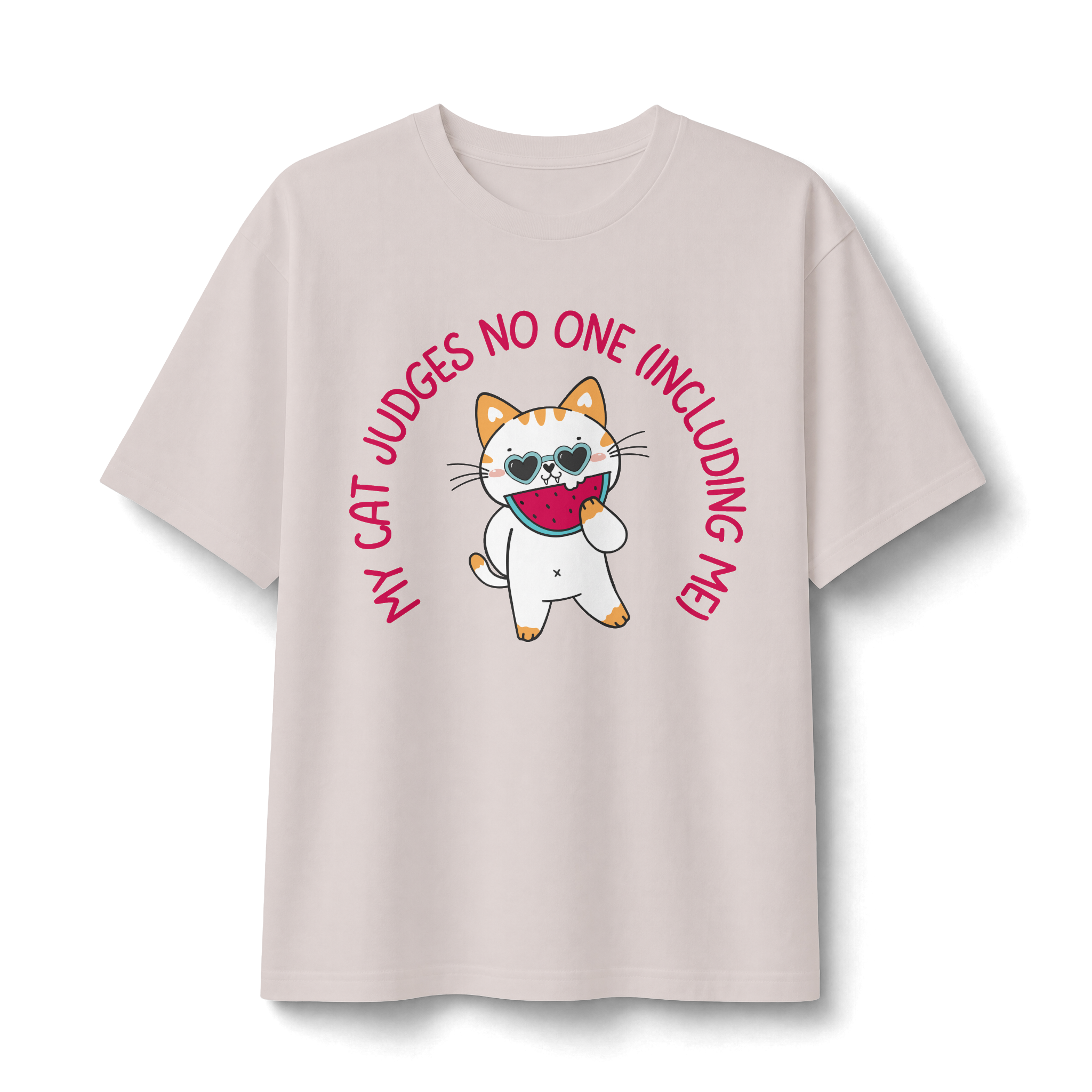 Cat Doesn’t Judge T‑Shirt — Cute Cat Holding Heart Graphic Tee (“My Cat Judges No One Including Me”)