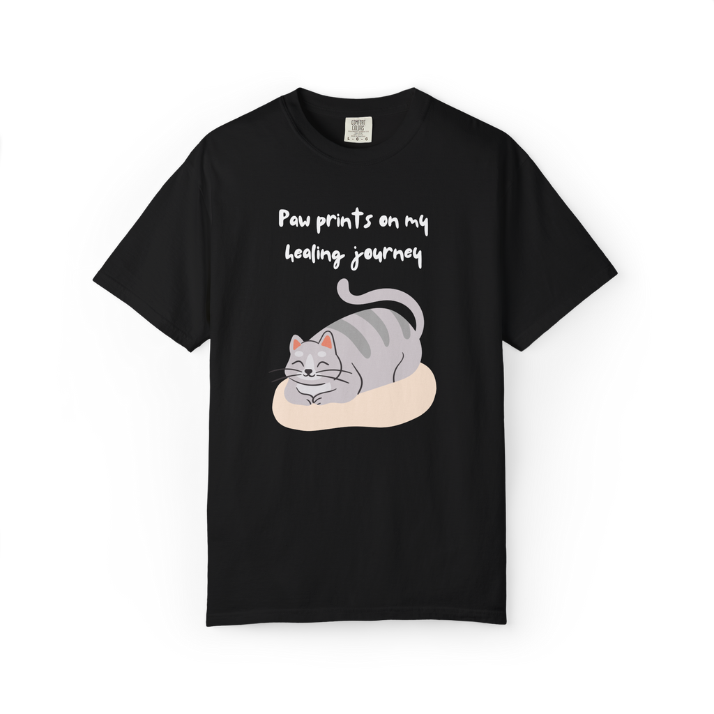 Paw Prints on My Healing Journey T-Shirt — Cute Resting Cat Graphic Tee