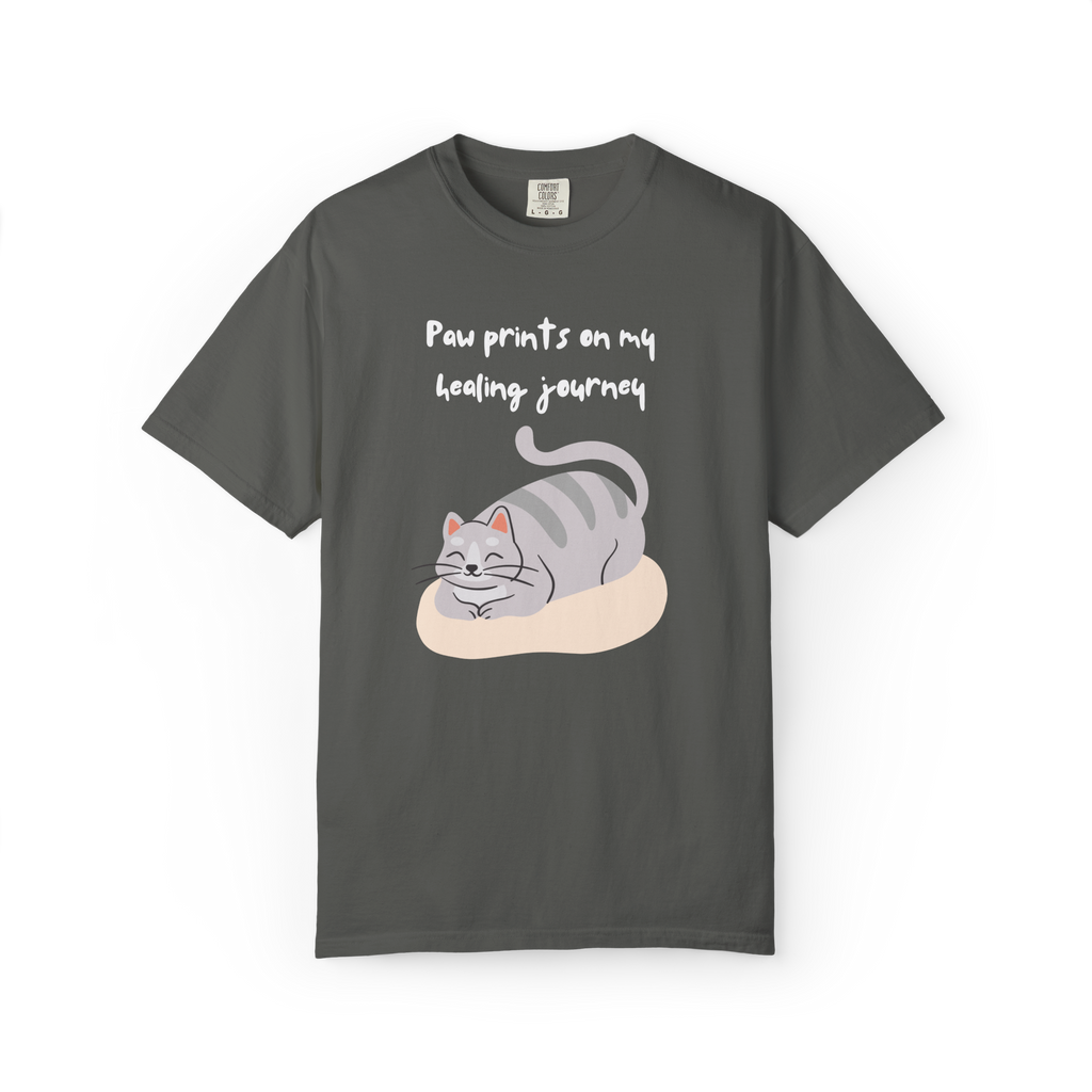 Paw Prints on My Healing Journey T-Shirt — Cute Resting Cat Graphic Tee