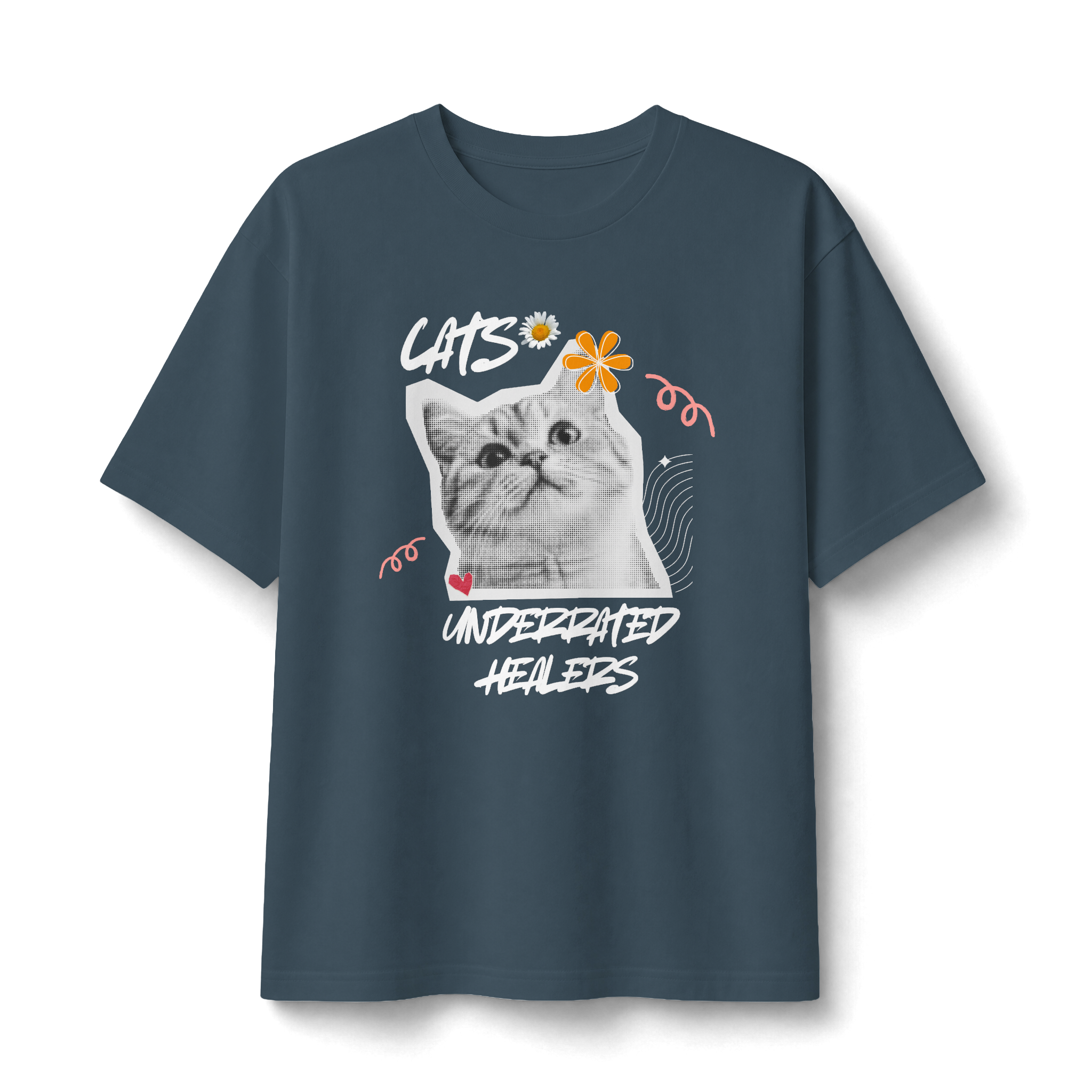 Cute Kitten Photo Tee with Daisy Accent — Graphic Cat T‑Shirt