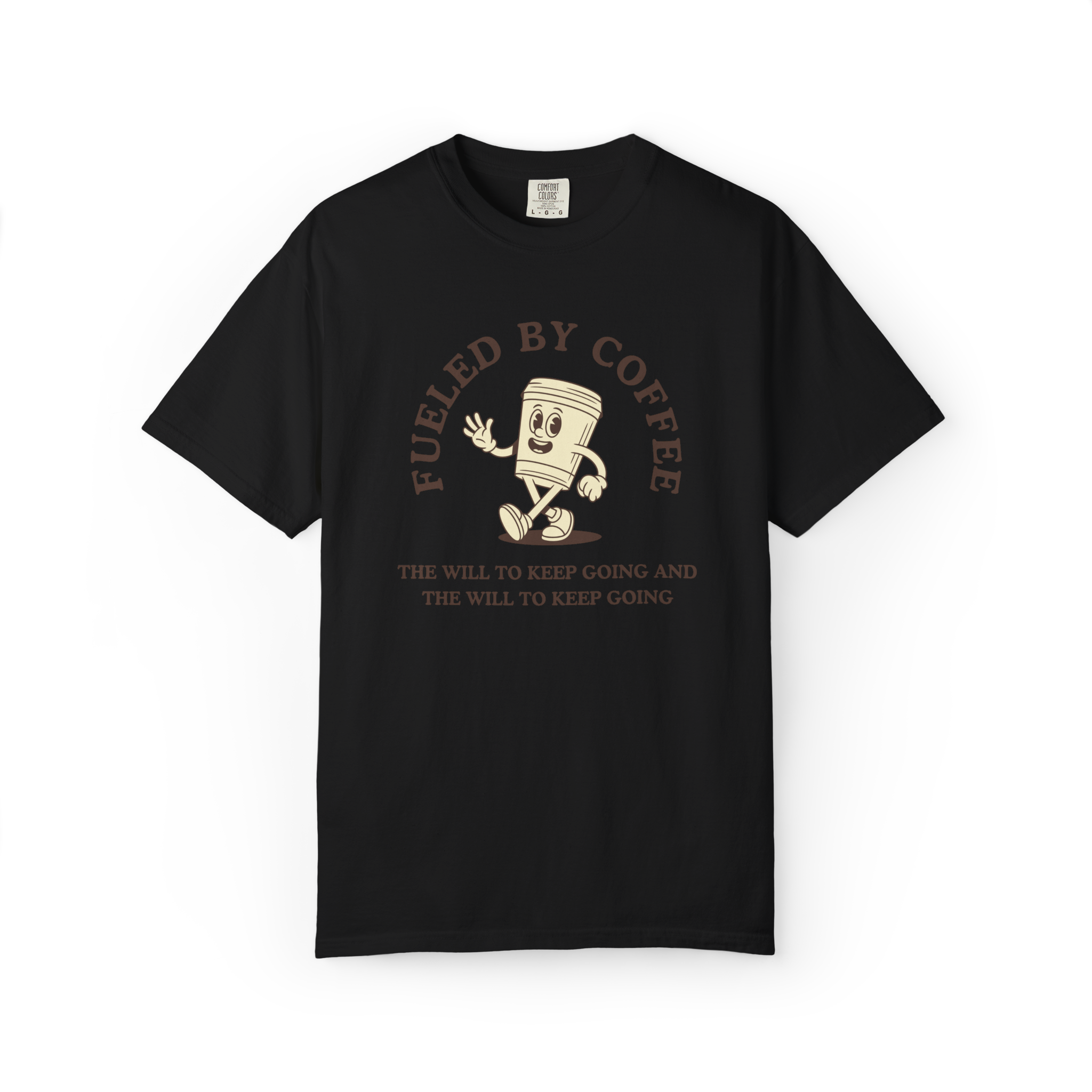 Fueled By Coffee T-Shirt — Retro Running Coffee Cup Graphic Tee