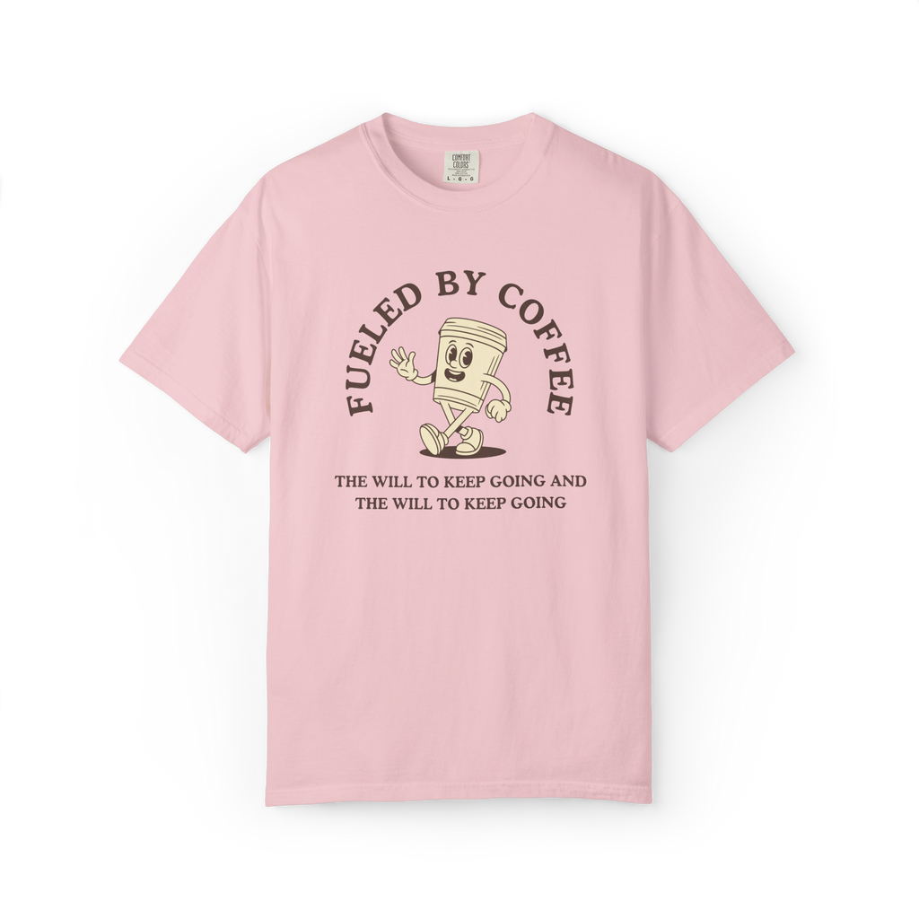 Fueled By Coffee T-Shirt — Retro Running Coffee Cup Graphic Tee