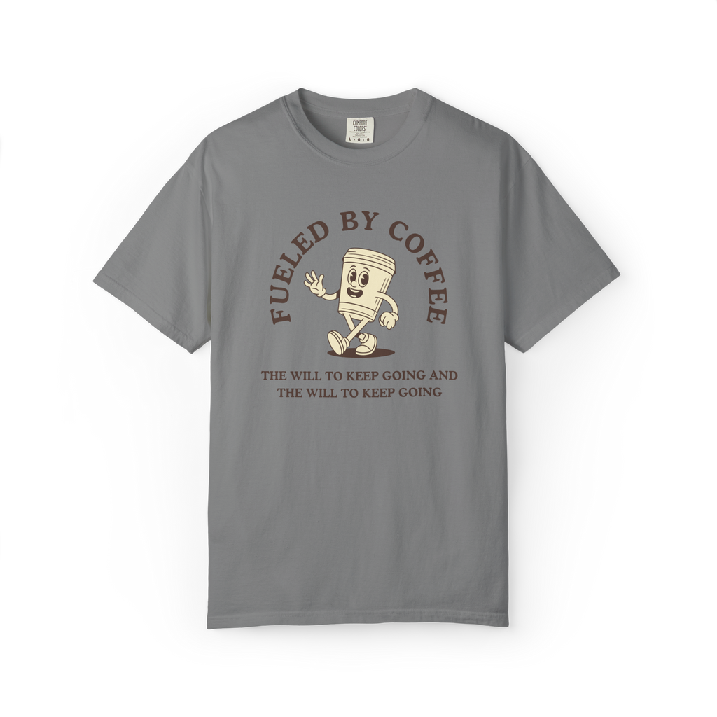 Fueled By Coffee T-Shirt — Retro Running Coffee Cup Graphic Tee