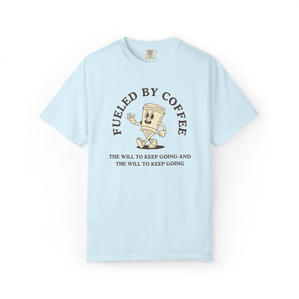Fueled By Coffee T-Shirt — Retro Running Coffee Cup Graphic Tee
