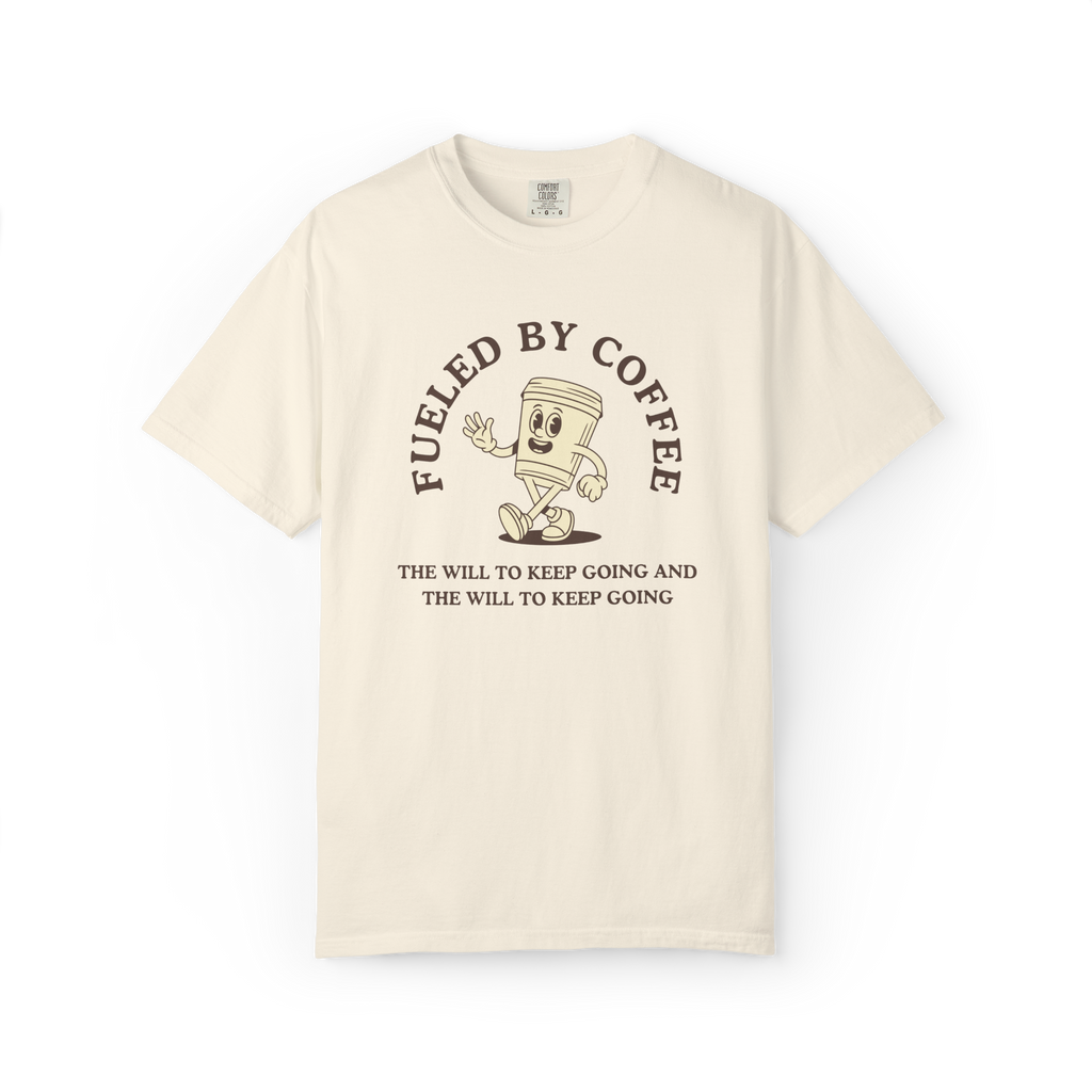 Fueled By Coffee T-Shirt — Retro Running Coffee Cup Graphic Tee