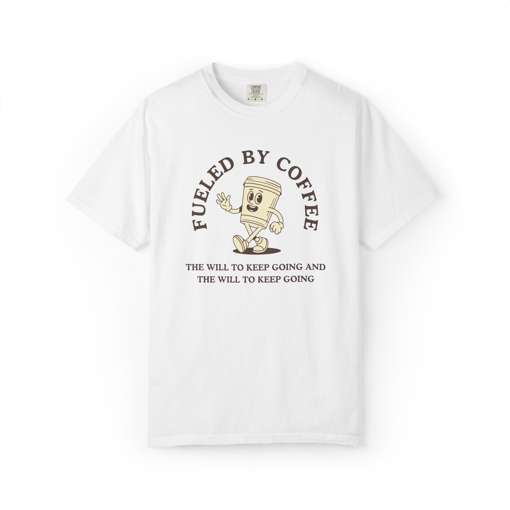 Fueled By Coffee T-Shirt — Retro Running Coffee Cup Graphic Tee