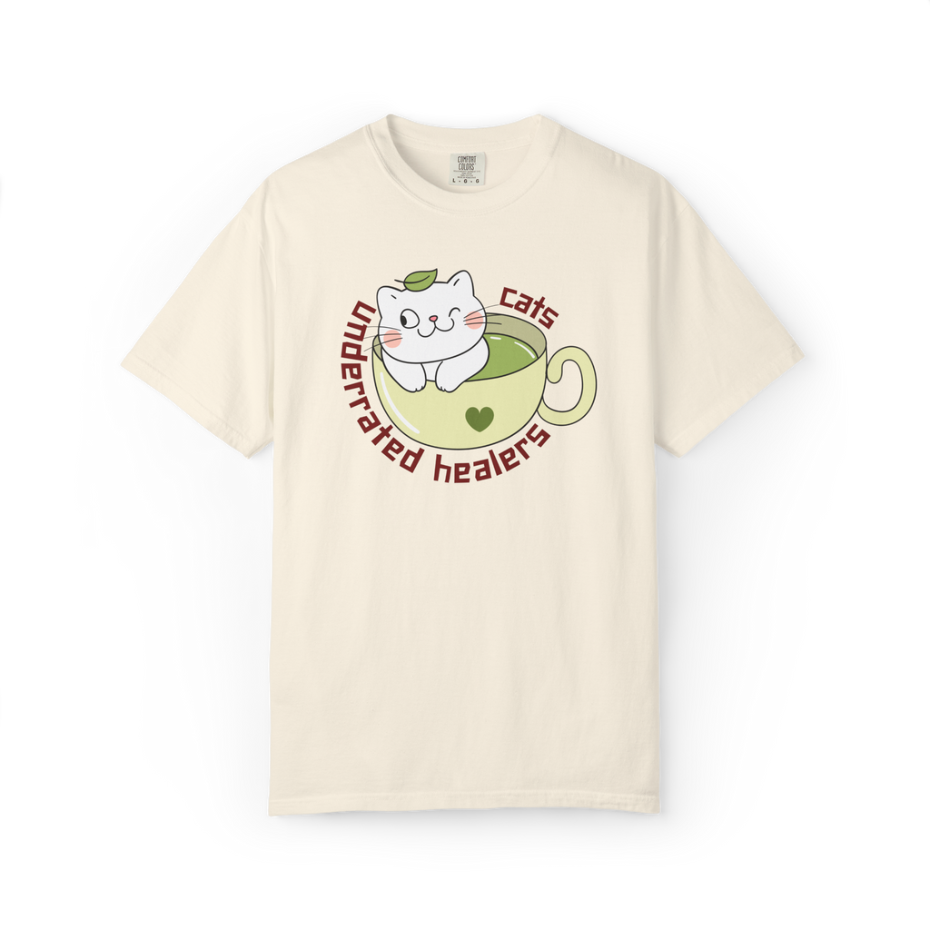 Cat Tea T-Shirt — "Cats: Underrated Healers" Cute Kawaii Cat in Teacup Tee
