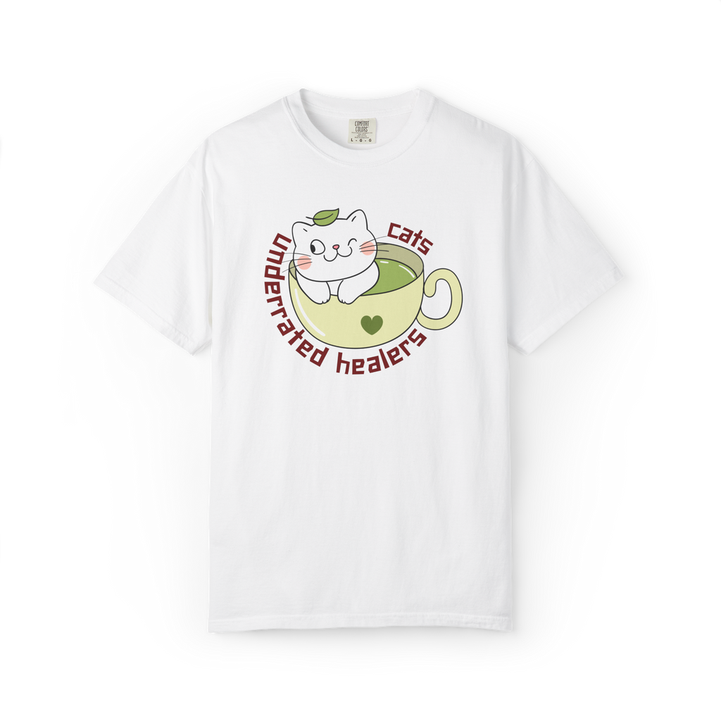 Cat Tea T-Shirt — "Cats: Underrated Healers" Cute Kawaii Cat in Teacup Tee