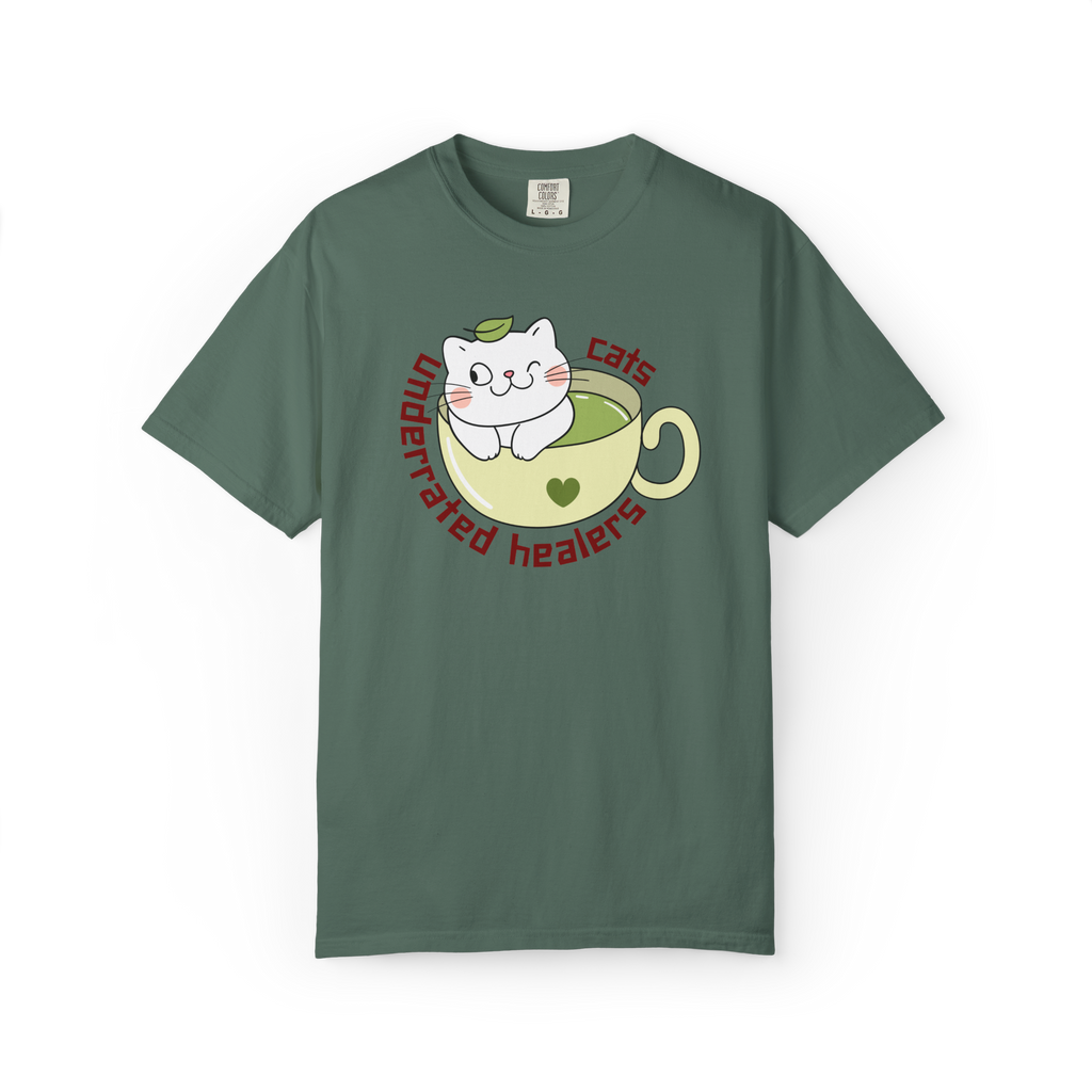 Cat Tea T-Shirt — "Cats: Underrated Healers" Cute Kawaii Cat in Teacup Tee