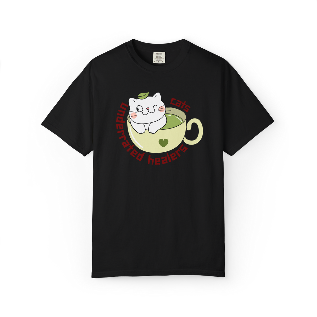 Cat Tea T-Shirt — "Cats: Underrated Healers" Cute Kawaii Cat in Teacup Tee