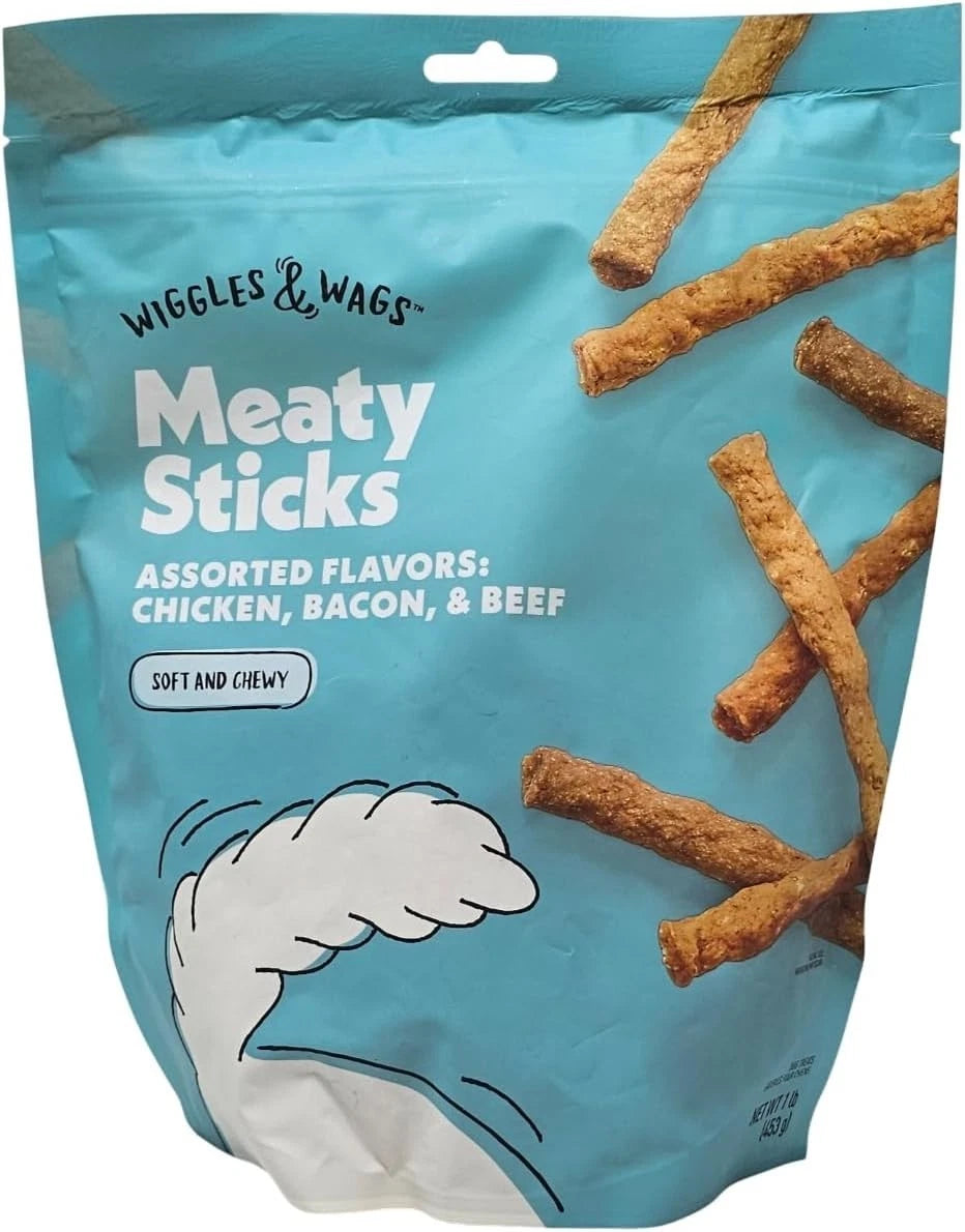 Wiggles & Wags 1 lb Dog Treats Soft Chewy Sticks Chicken Bacon Beef Assorted