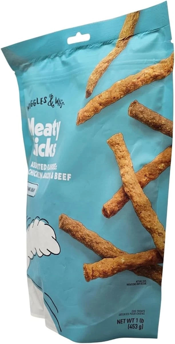 Wiggles & Wags 1 lb Dog Treats Soft Chewy Sticks Chicken Bacon Beef Assorted