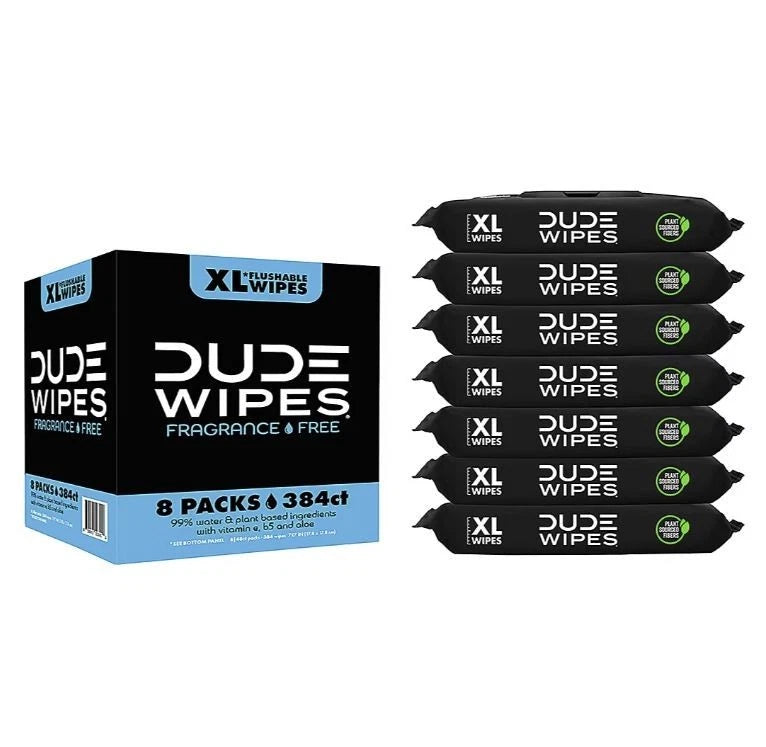DUDE Wipes Flushable Adult Wet Wipes – Fragrance Free, Extra Large, 8 Packs (384 Total Wipes)