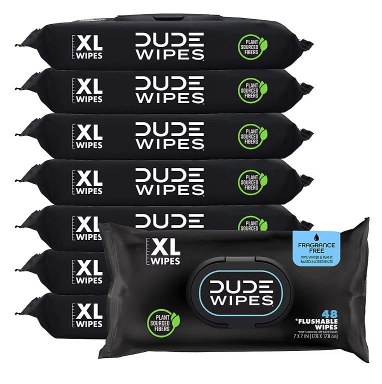 DUDE Wipes Flushable Adult Wet Wipes – Fragrance Free, Extra Large, 8 Packs (384 Total Wipes)